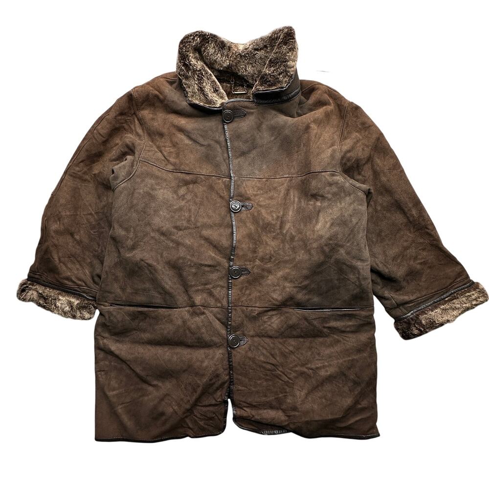 Vintage Harlin Shearling Sheepskin Leather Jacket Mens XL Fur Lined Brown Button